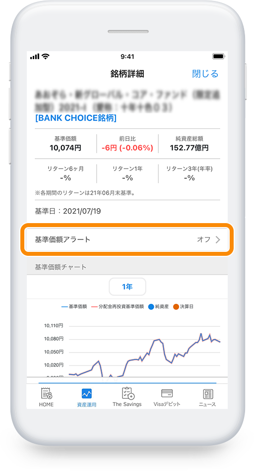 基準価額アラート機能に関する画像