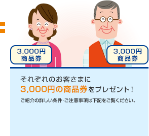 それぞれのお客さまに3,000円の商品券をプレゼント！ご紹介の詳しい条件・ご注意事項は下記をご覧ください。