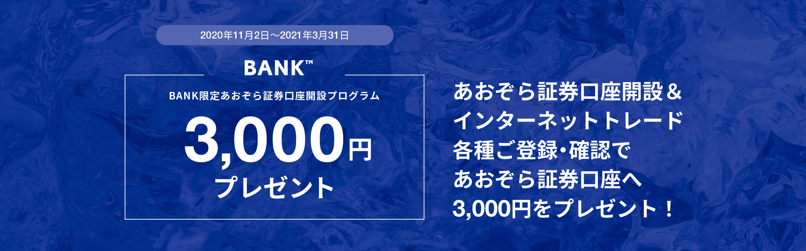 2020年11月2日〜2021年3月31日BANK限定あおぞら証券口座開設キャンペーン3,000円プレゼントあおぞら証券口座開設＆インターネットトレード各種ご登録・確認で3,000円をプレゼント！